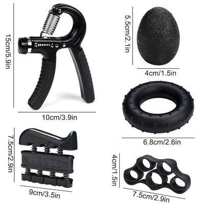 Kit de renforcement de la poignée de main 5 pièces Noir Entraîneur de poignée réglable Exerciseur de doigts Anneau de prise et balle anti-stress pour l'entraînement des mains, des poignets et des avant-bras