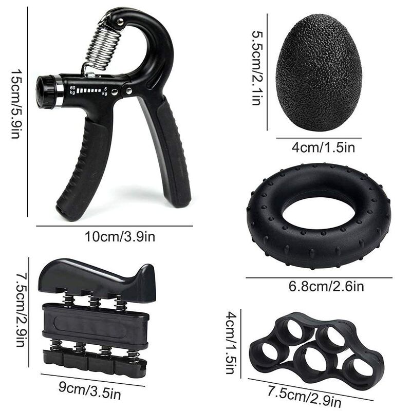 Kit de renforcement de la poignée de main 5 pièces Noir Entraîneur de poignée réglable Exerciseur de doigts Anneau de prise et balle anti-stress pour l'entraînement des mains, des poignets et des avant-bras